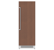 A tall, slim built-in refrigerator with a brown woodgrain door and a vertical silver handle, shown against a plain white background.