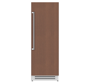 A tall, slim built-in refrigerator with a brown woodgrain door and a vertical silver handle, shown against a plain white background.