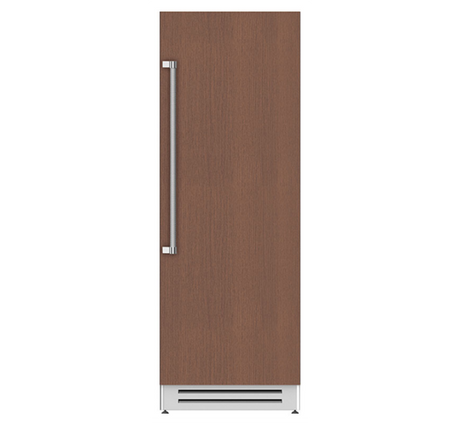 A tall, slim built-in refrigerator with a brown woodgrain door and a vertical silver handle, shown against a plain white background.
