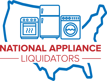 Logo for National Appliance Liquidators featuring appliances and a USA outline, specializing in appliance liquidation services.