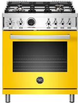 Bertazzoni Italian luxury gas range in yellow with four burners and an oven door on a white background