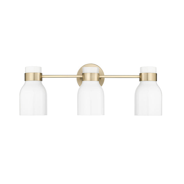 Millennium Lighting 23003-MG - Corella 3 Light 23" Wide Vanity Light with matte gold finish and white glass shades.