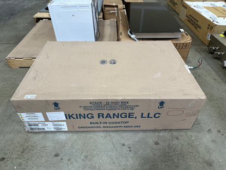 VIKING VGSU53616BS 36 Inch Professional 5 Series Gas Cooktop with 6 Burners, ScratchSafe, SureSpark™ Ignition, 16,500 BTU Burner and BlackChrome™ Knobs in packaging.