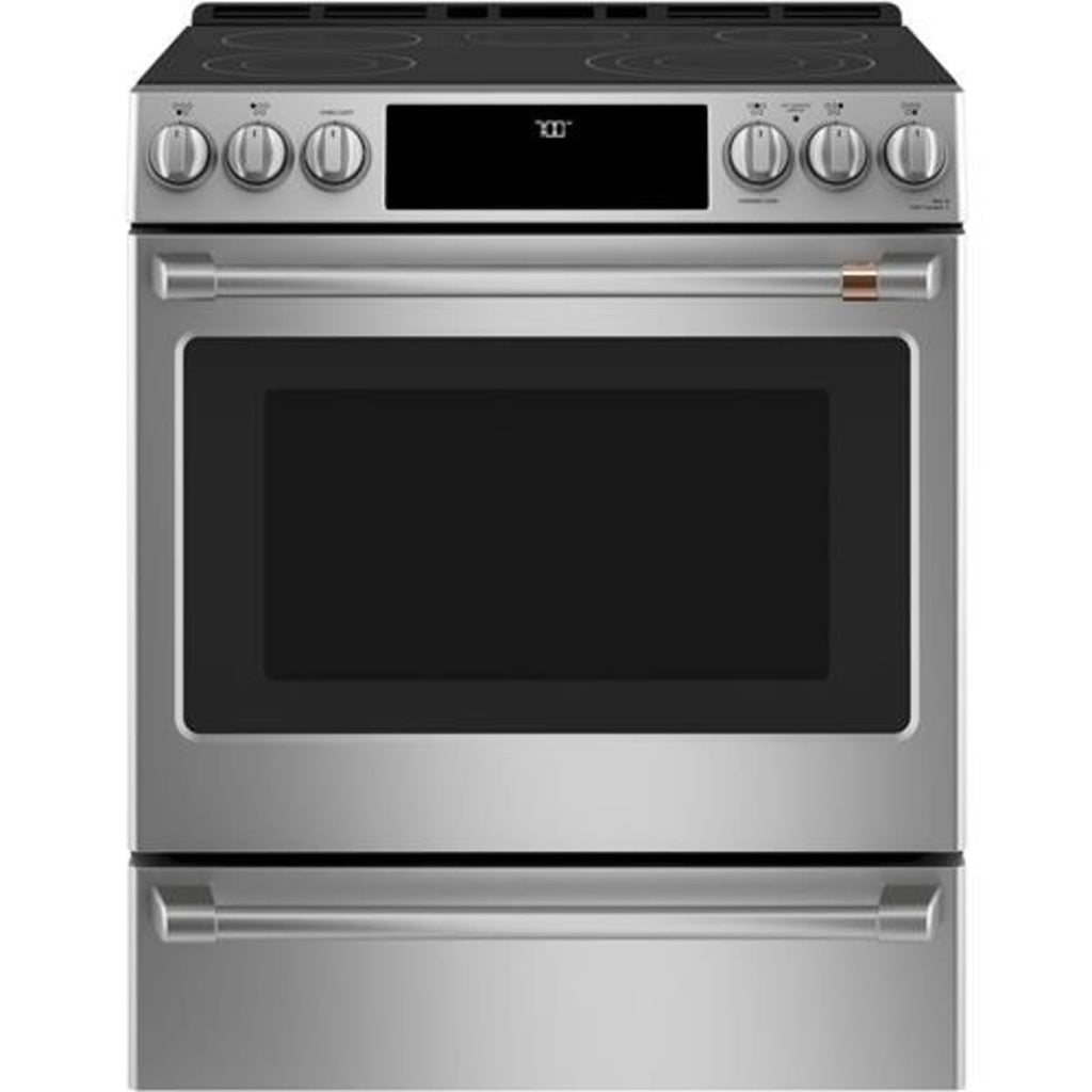 Cafe CES700P2MS1 30 Inch Slide-In Electric Smart Range with 5 Radiant Elements, 5.7 Cu. Ft. Oven Capacity, Warming Drawer, Steam Clean, Self-Clean, True European Convection,