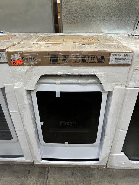 SAMSUNG DVG50R5400W/A3 7.4 cu. ft. Gas Dryer with Steam Sanitize+ in White on display, appliance liquidation.