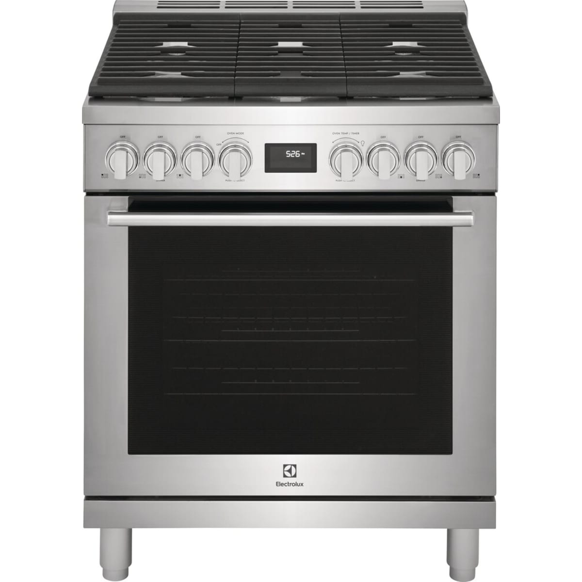 Electrolux ECFD3068AS 30" Dual-Fuel Freestanding Range with five burners and stainless steel finish.
