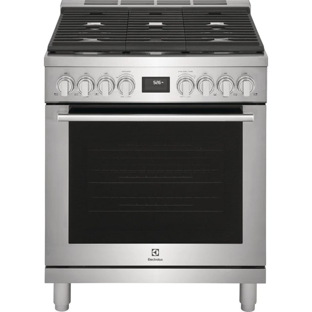 Electrolux ECFD3068AS 30" Dual-Fuel Freestanding Range with five burners and stainless steel finish.