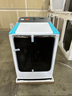 SAMSUNG DVG54R7200W 7.4 cu. ft. Gas Dryer with Steam Sanitize+ in White - Scratch & Dent displayed in showroom.