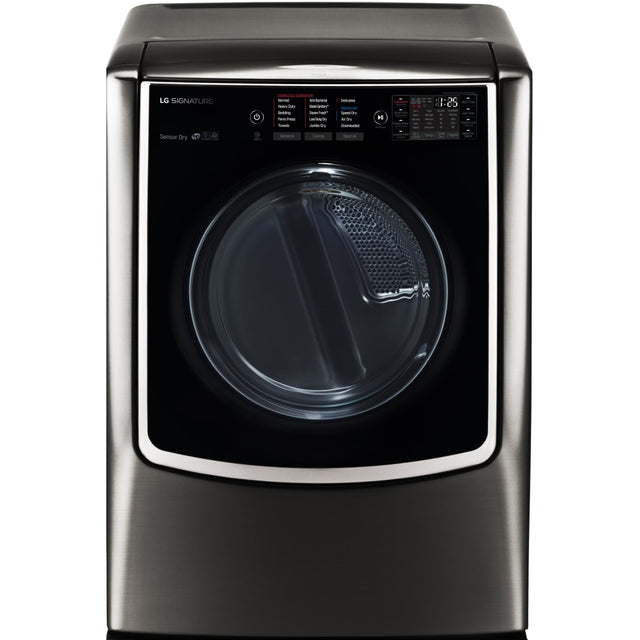 LG SIGNATURE DLEX9500K 9.0 cu. ft. Large Smart wi-fi Enabled Electric Dryer w/ TurboSteam™ front view with control panel.