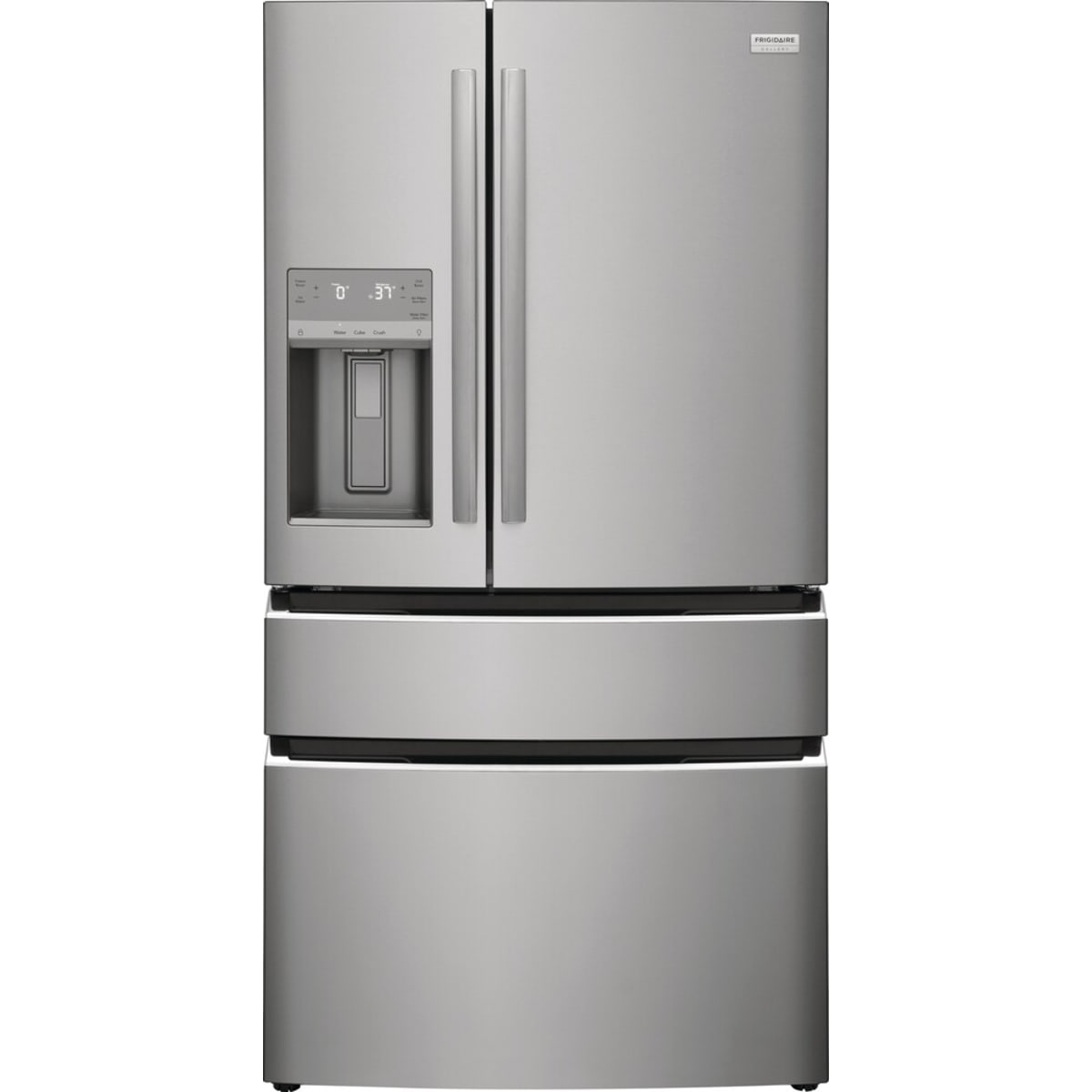 FRIGIDAIRE GALLERY GRMC2273CF 21.5 Cu. Ft. 4-Door French Door Counter-Depth Refrigerator in sleek stainless steel design.