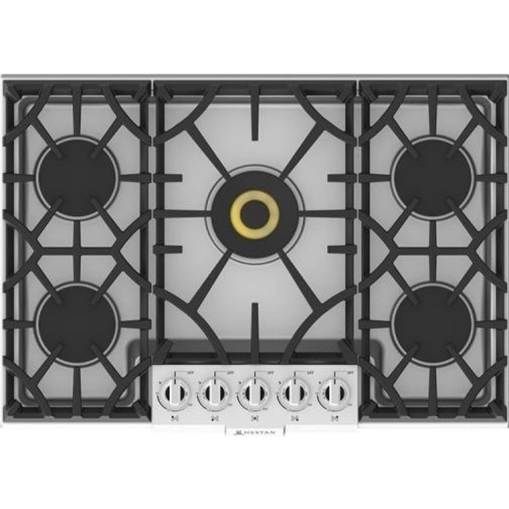 Hestan gas cooktop with 5 burners and cast-iron grates