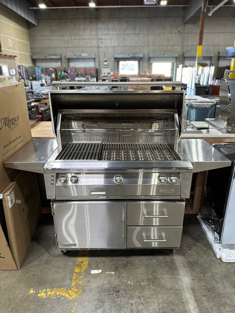 ALFRESCO 42" GRILL WITH REFRIGERATED CART shown in a spacious indoor setting, ideal for outdoor grilling enthusiasts.