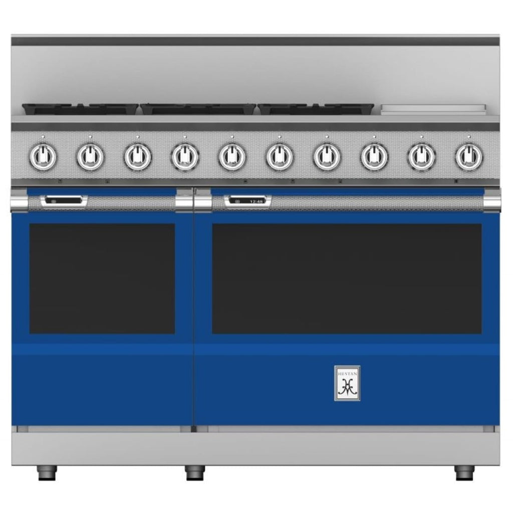 Hestan dual fuel range with 5 burners and blue finish