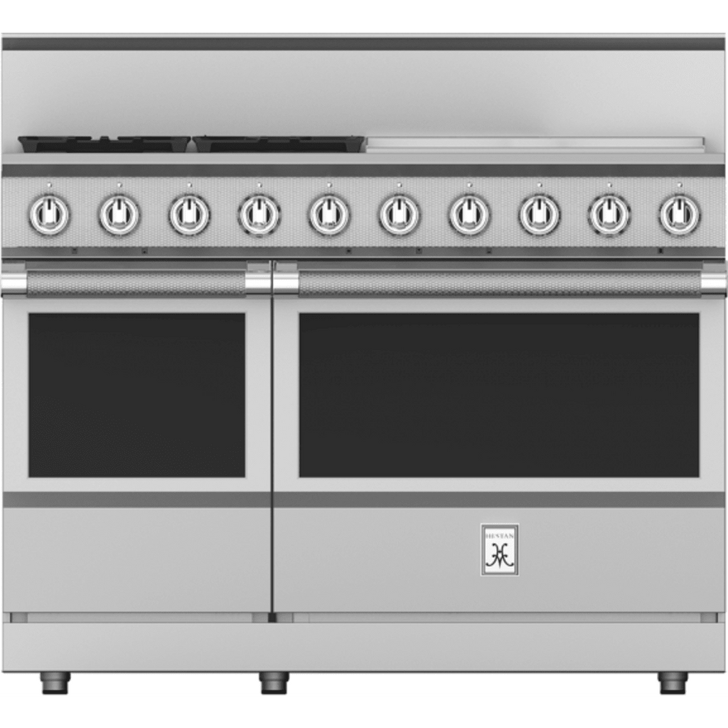 Hestan gas range with four burners and griddle