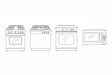 line art of individual kitchen appliances: gas range, cooktop, wall oven, microwave