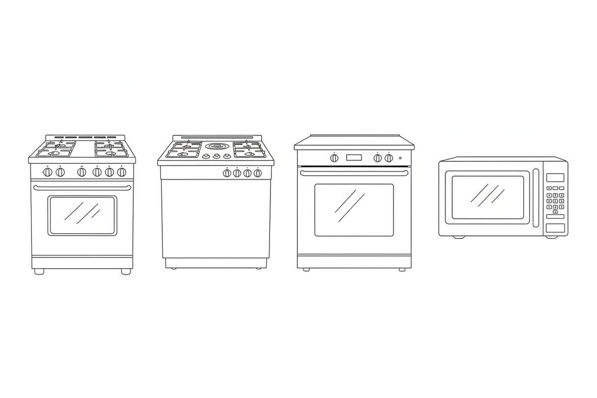 line art of individual kitchen appliances: gas range, cooktop, wall oven, microwave