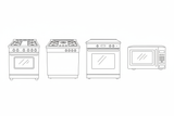 line art of individual kitchen appliances: gas range, cooktop, wall oven, microwave