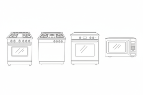 line art of individual kitchen appliances: gas range, cooktop, wall oven, microwave