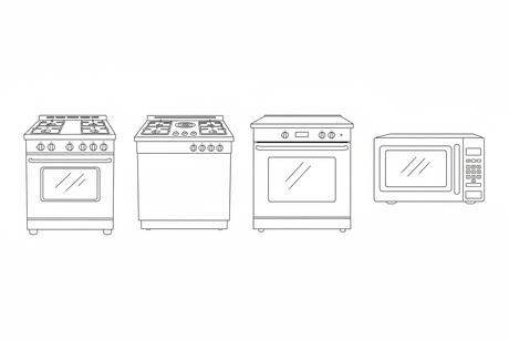 line art of individual kitchen appliances: gas range, cooktop, wall oven, microwave