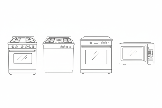 line art of individual kitchen appliances: gas range, cooktop, wall oven, microwave