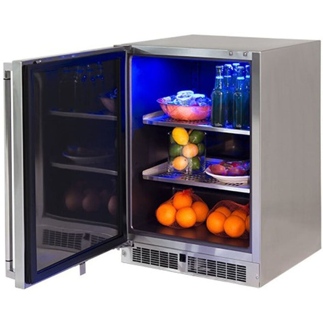Lynx LN24REFL – 24" Professional Outdoor Refrigerator – Left Hinge – Stainless Steel showcasing interior with LED lighting.