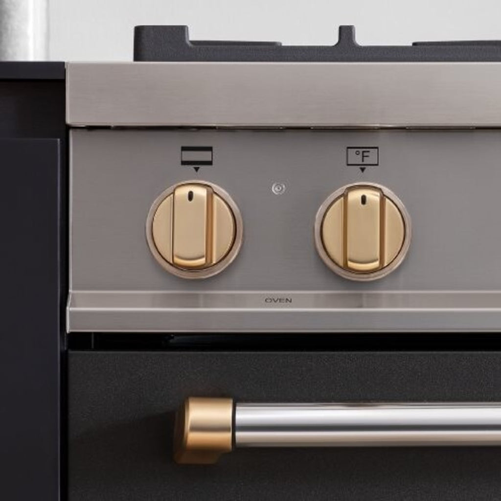 Bertazzoni dual fuel range knobs set satin gold