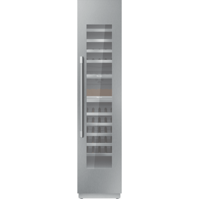 Thermador T18IW905SP - 18-inch Built-In Wine Column Refrigerator with Custom Panel, Reversible Hinge for wine storage.