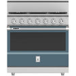 Hestan KRD365-NG-GG - 36 Inch Dual Fuel Range with 5 Burners, 5.8 cu. ft. Oven Capacity - Pacific Fog in a modern kitchen setting.