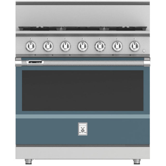 Hestan KRD365-NG-GG - 36 Inch Dual Fuel Range with 5 Burners, 5.8 cu. ft. Oven Capacity - Pacific Fog in a modern kitchen setting.