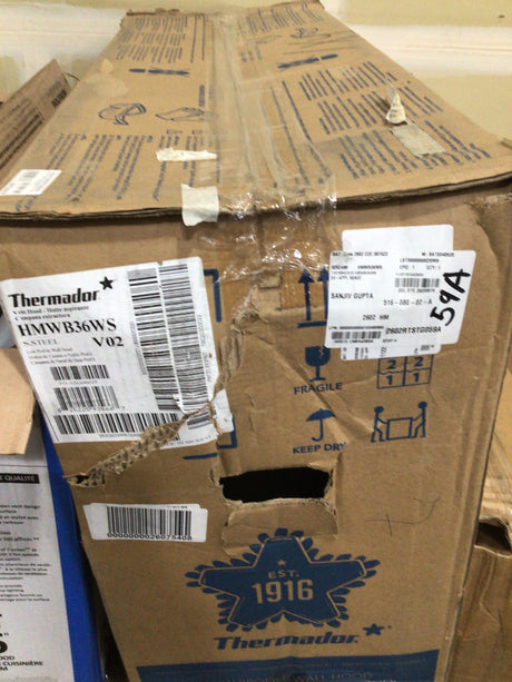 THERMADOR HMWB36WS Low-Profile Wall Hood 36'' Stainless Steel box with labels and shipping information.