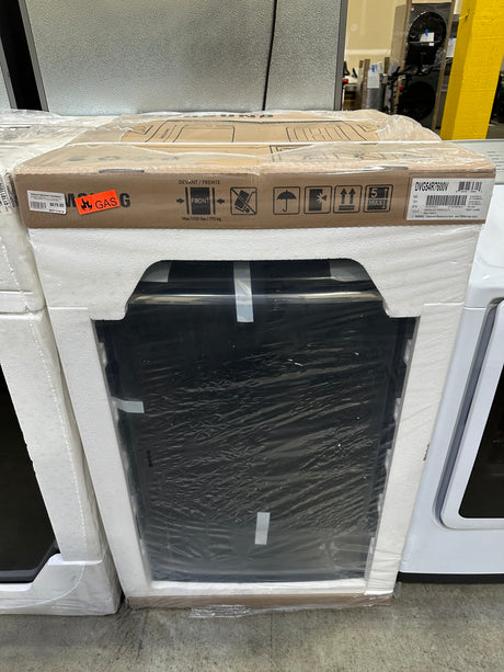 SAMSUNG DVG54R7600V 7.4 cu. ft. Gas Dryer with Steam Sanitize+ in Black Stainless Steel, packaged and ready for delivery.